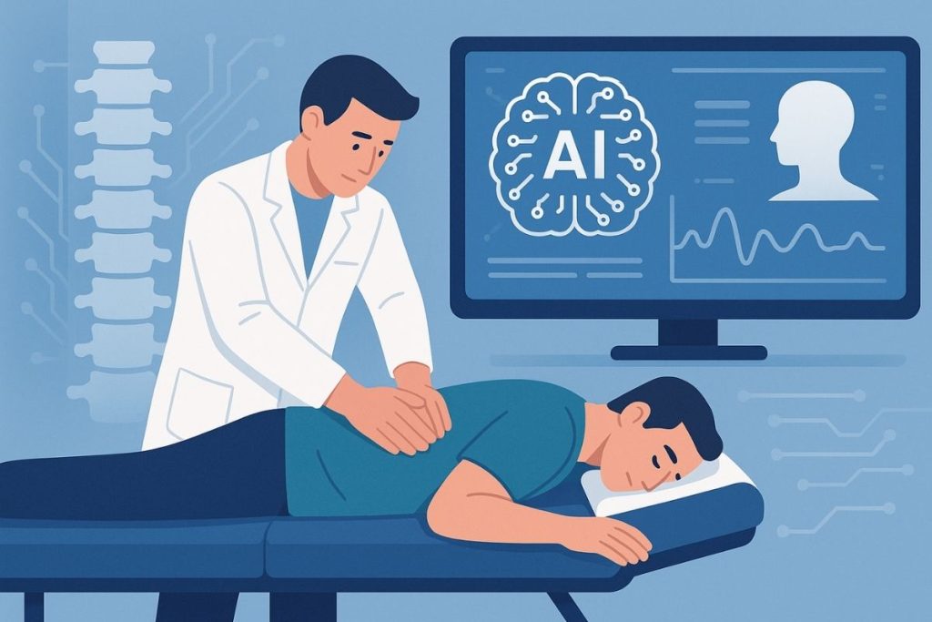 The Science Behind AI-Assisted Diagnosis in Spinal Care 10 Digital illustration of a chiropractor performing a precise spinal adjustment using AI-assisted technology to improve treatment accuracy in Sydney.
