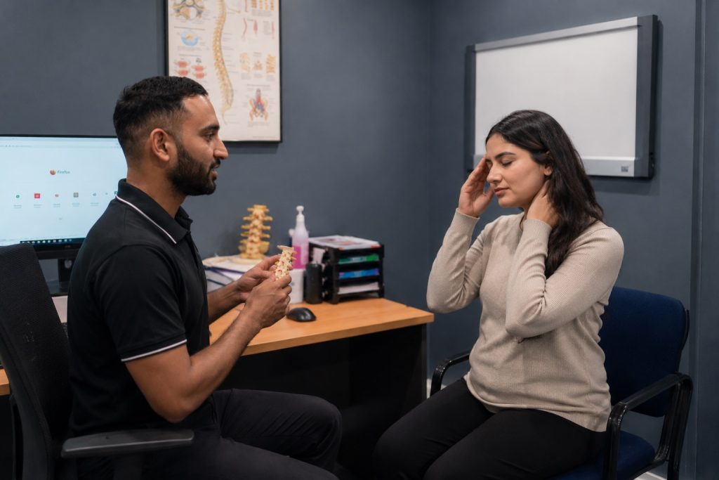 Person with headache from neck pain at Spinal Care Chiropractic Sydney