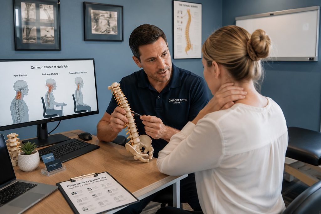 Office worker receiving chiropractic care for neck pain relief