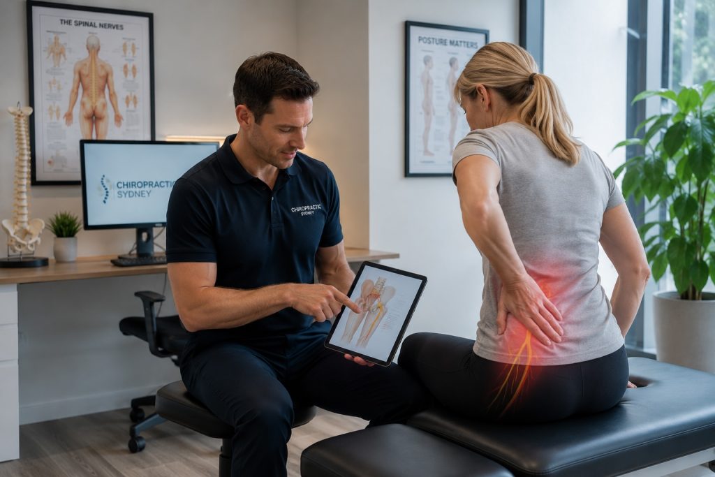 Patient receiving chiropractic treatment for sciatica-like symptoms in Sydney