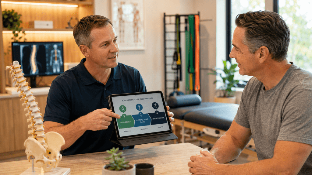 Chiropractor explaining session frequency in Sydney clinic