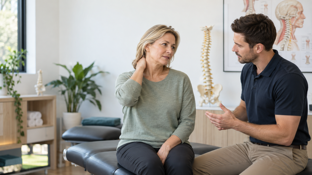 Chiropractor discussing cervical spondylosis neck pain with patient