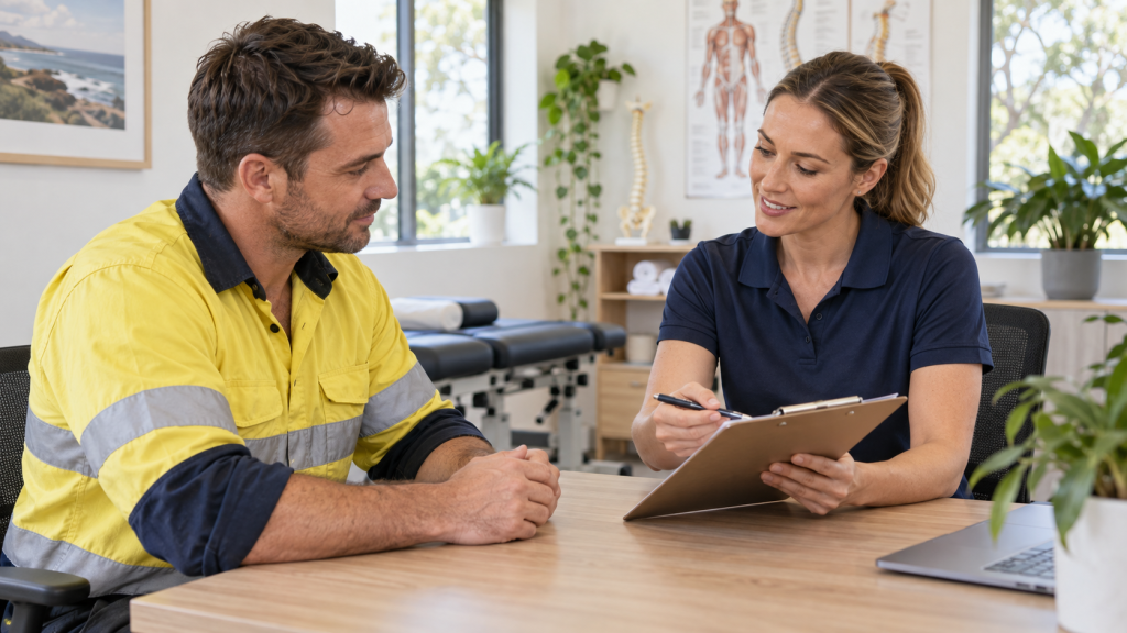 Does WorkCover Cover Chiropractic Treatment in NSW? 2 Worker discussing WorkCover chiropractic treatment paperwork with a clinician